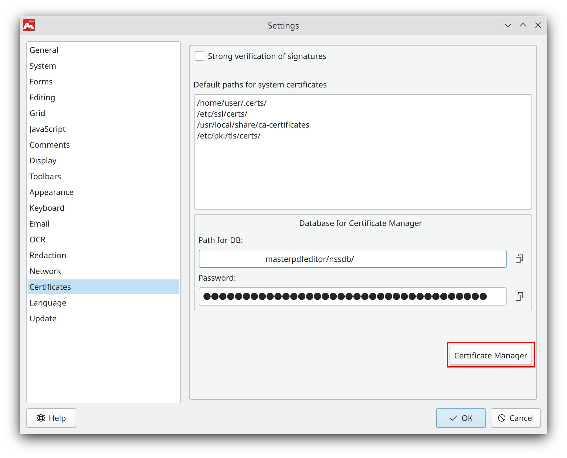 Security tab in Settings
