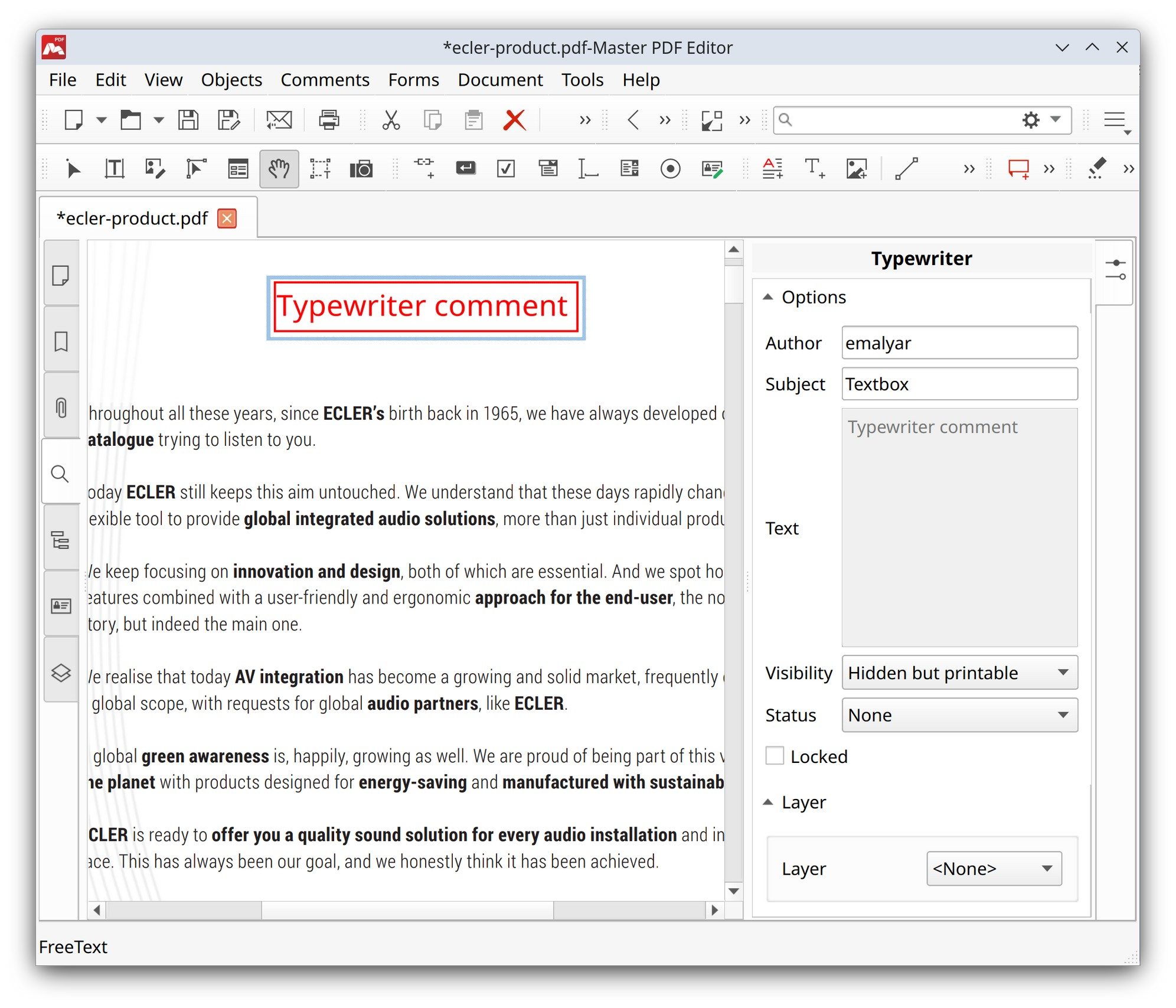 Changing parameters of typewriter comment in Master PDF Editor