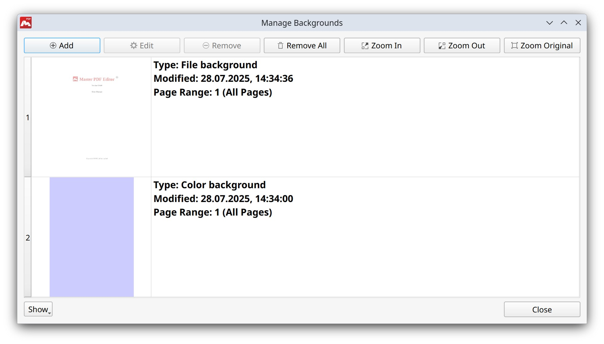 Manage backgrounds in Master PDF Editor