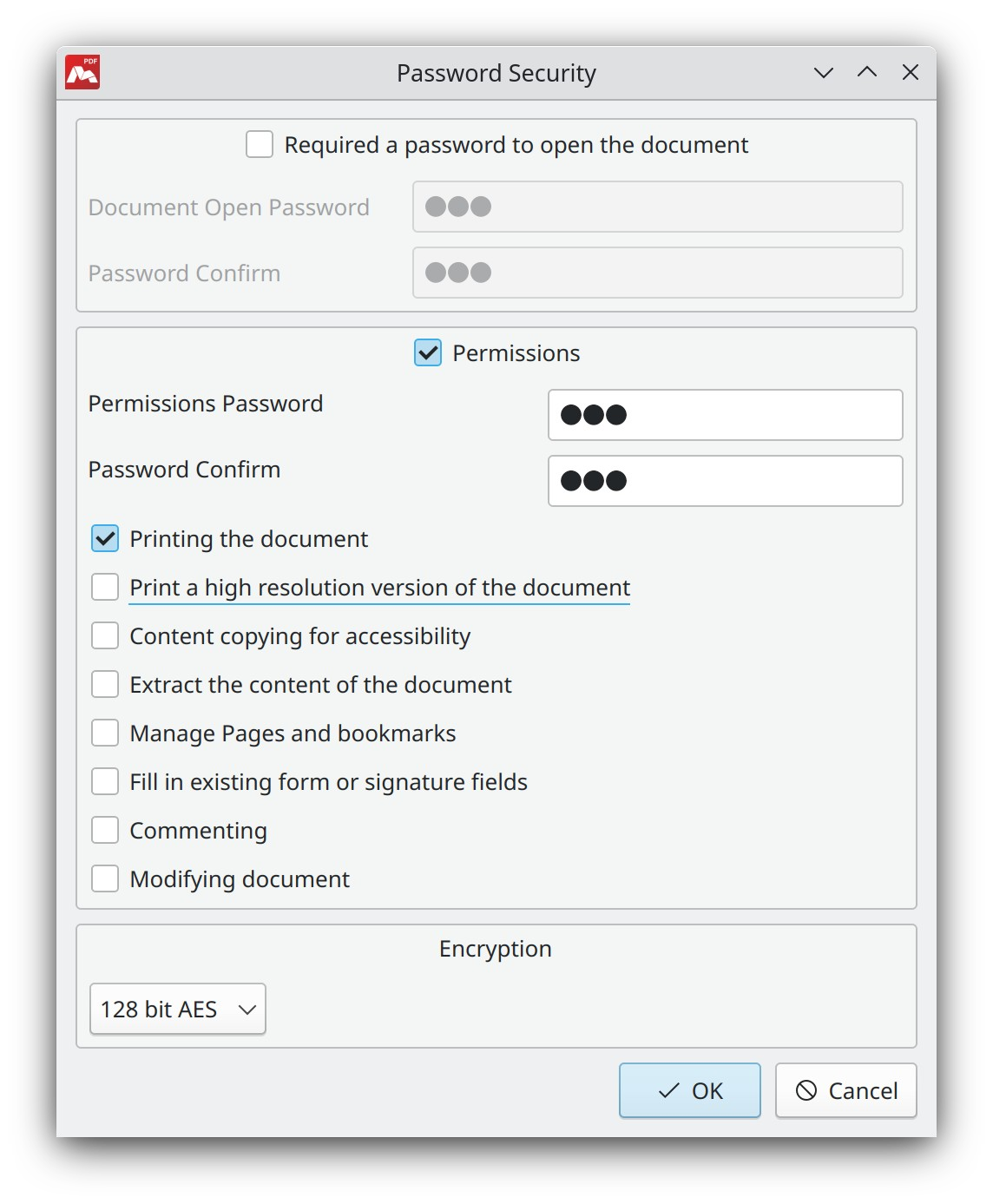 Adding a permission password in Master PDF Editor