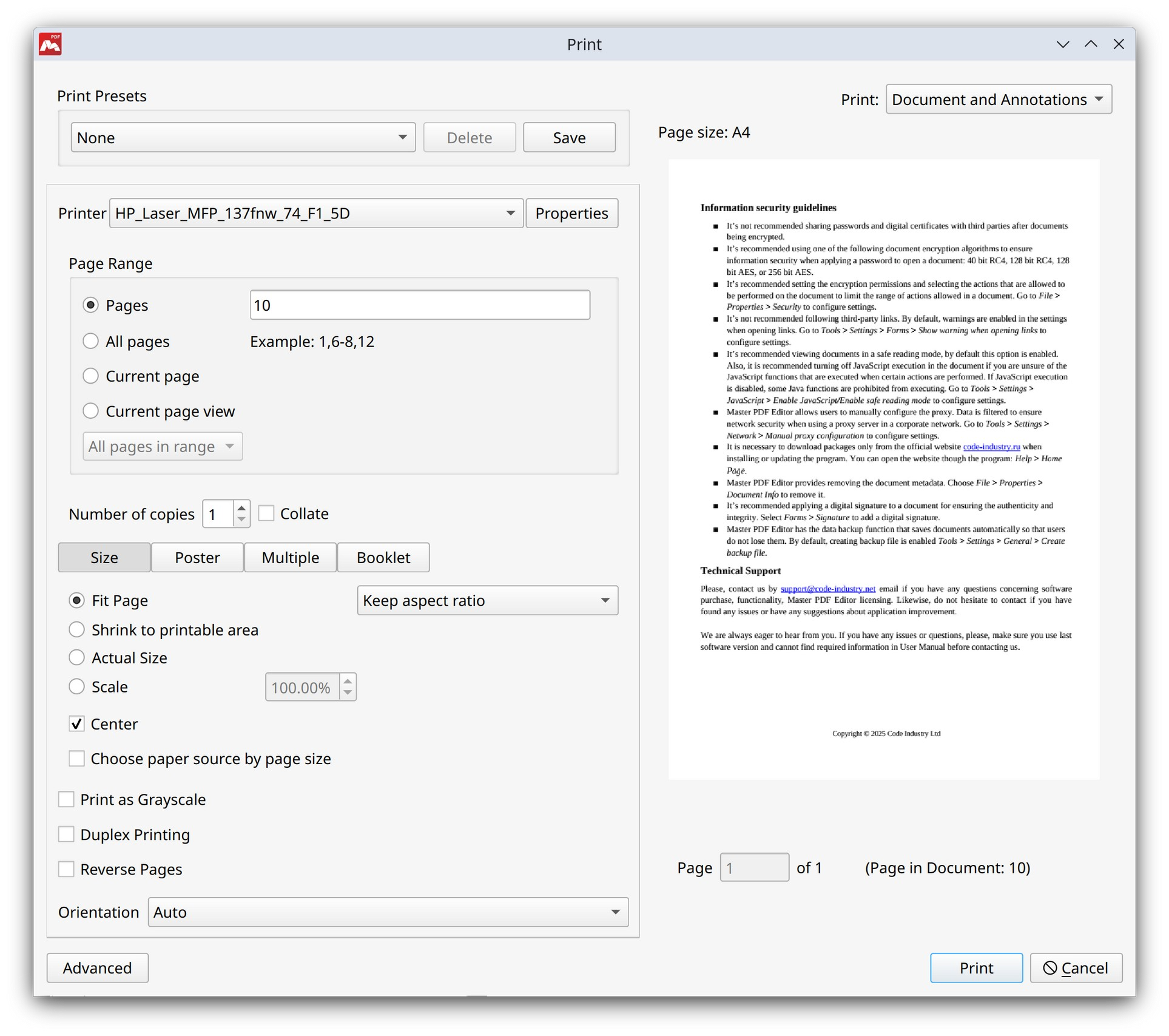 Print settings in Master PDF Editor