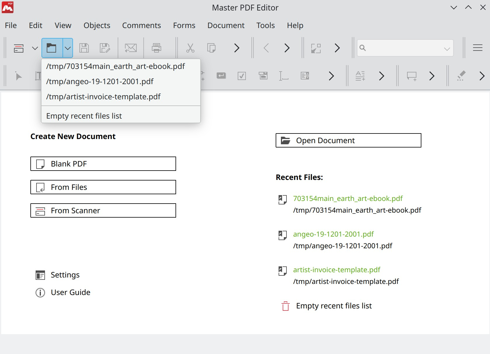 Open recent file from a toolbar in Master PDF Editor