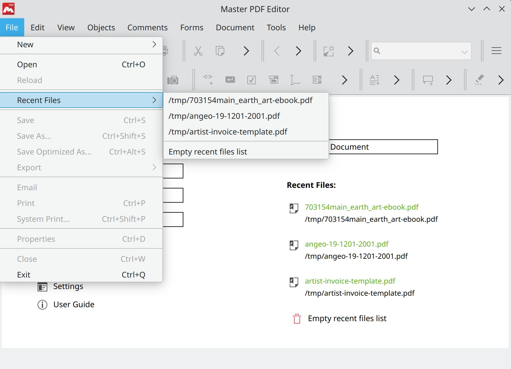 Recent files in Master PDF Editor