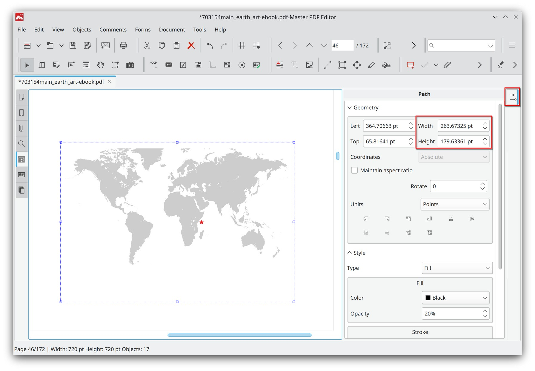 Set width and height of an object in Master PDf Editor