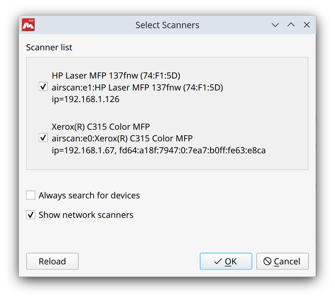 Selecting scanners in Master PDF Editor