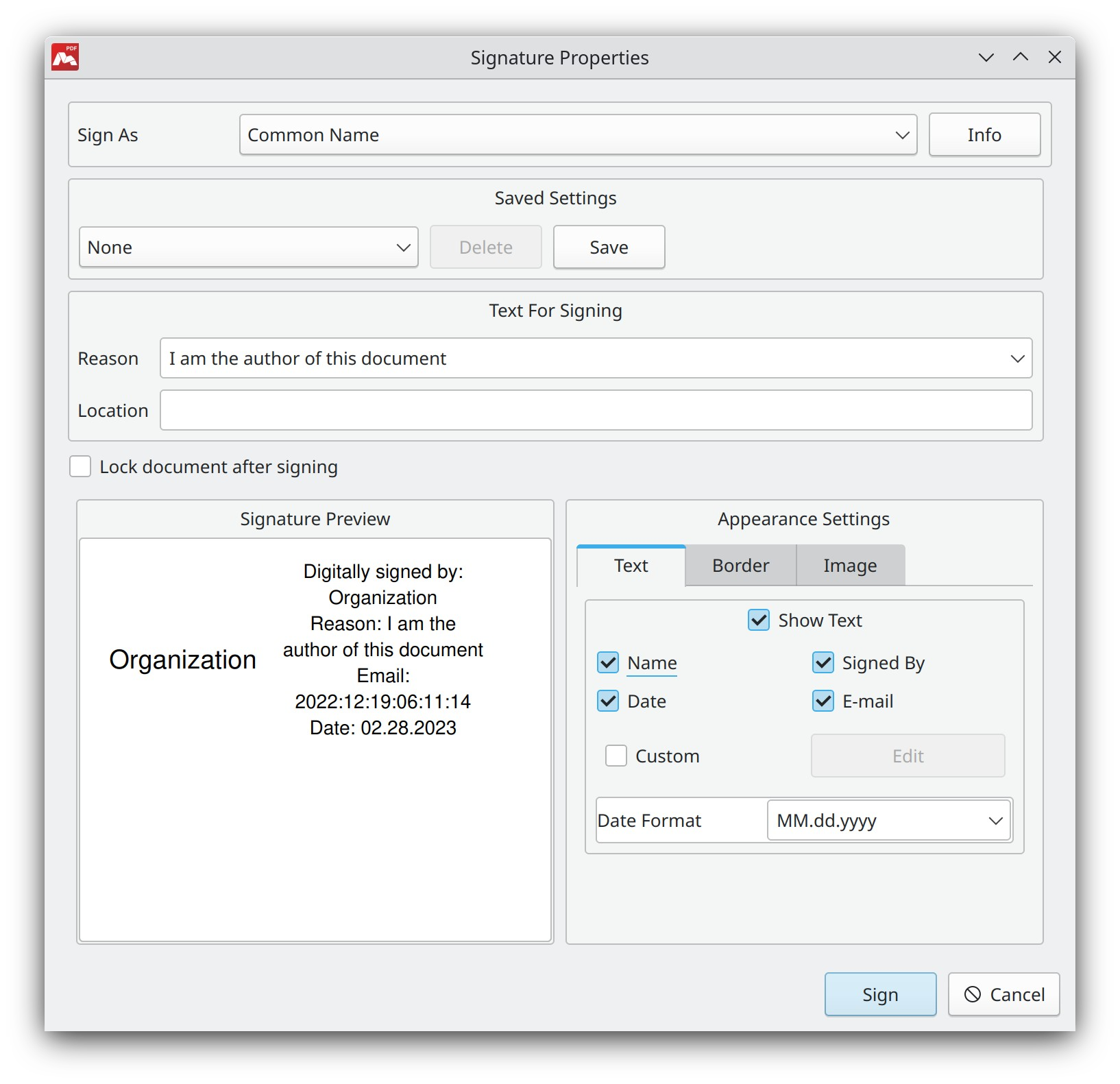 signature properties dialog box