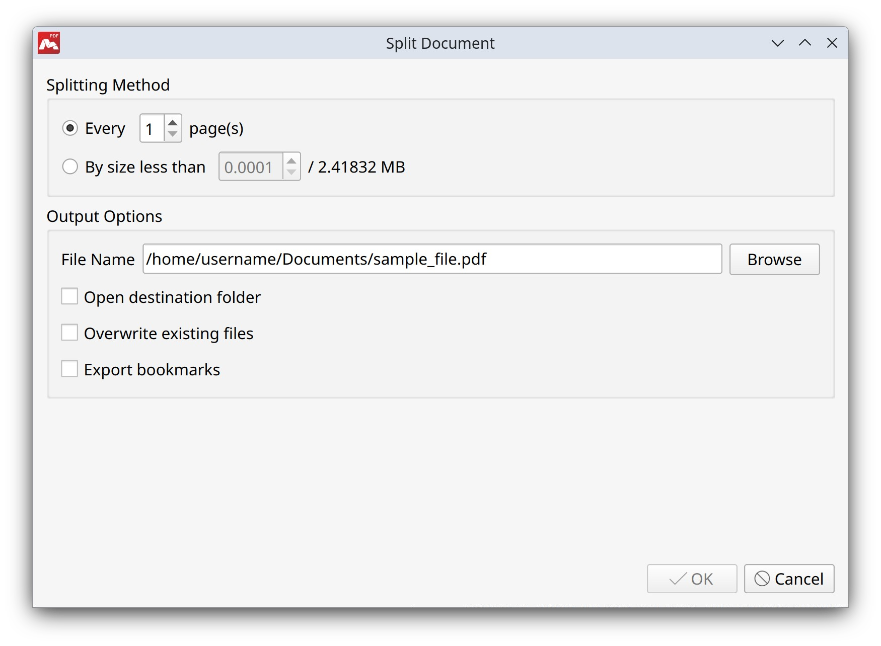 Split Document dialog box