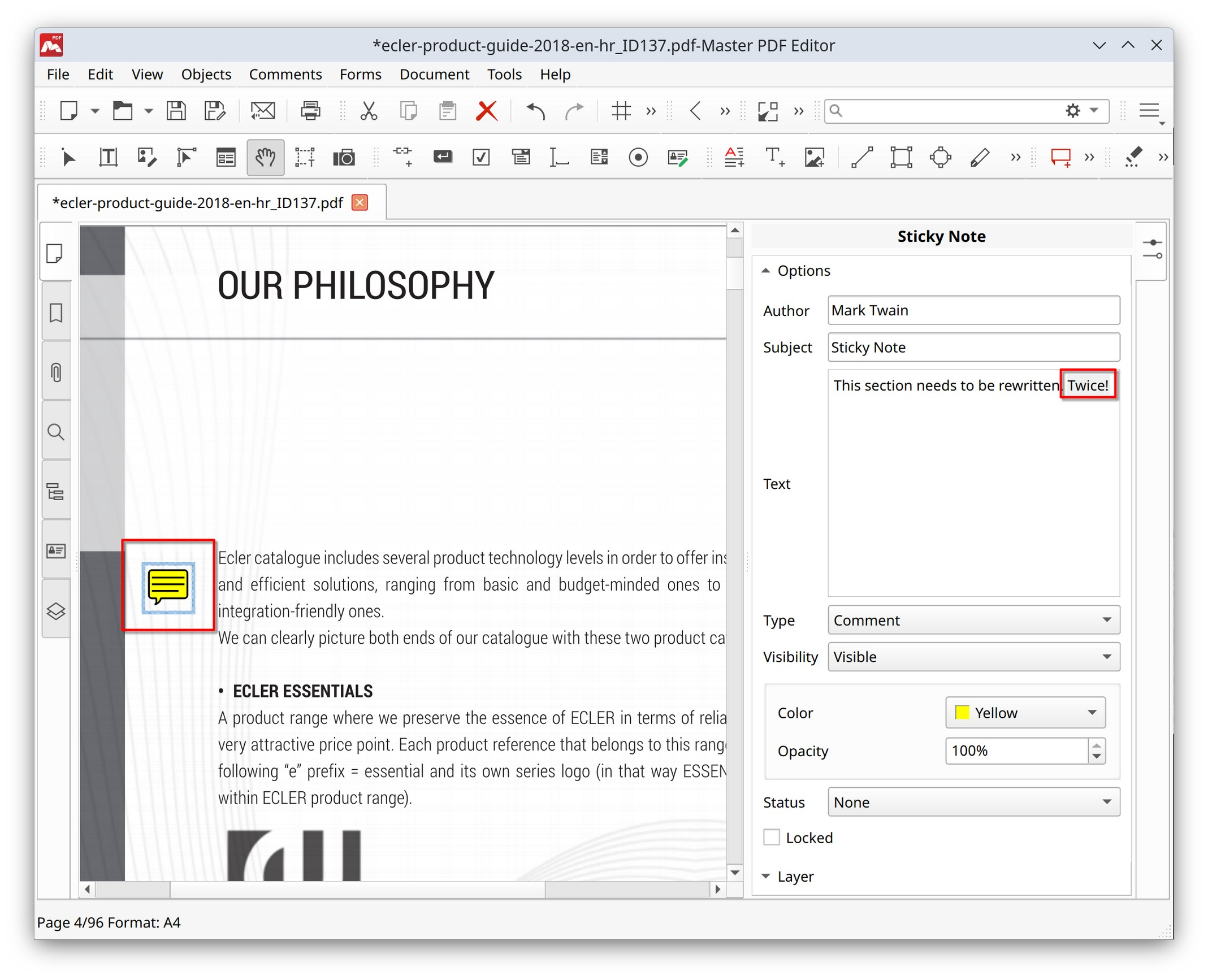 Parameters of a sticky note in Master PDF Editor