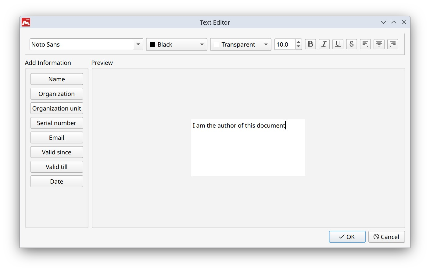 Text editor dialog box