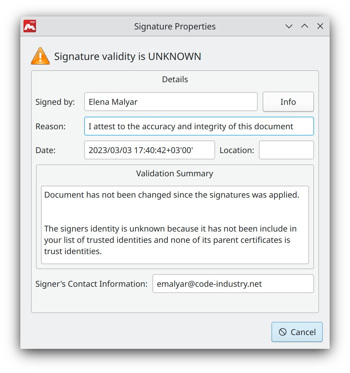 Unknown signature validity in Master PDF Editor