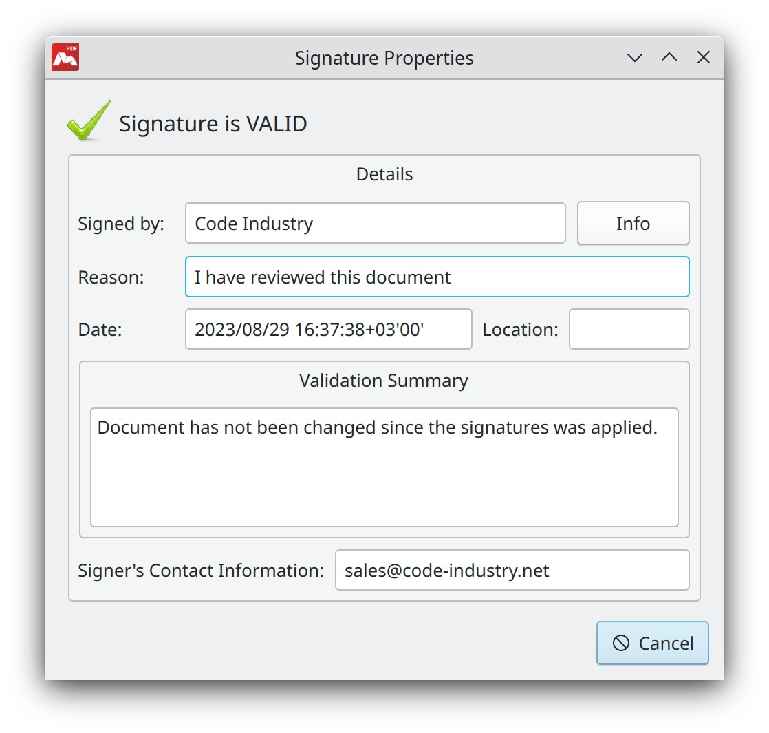 Valid signature in Master PDF Editor