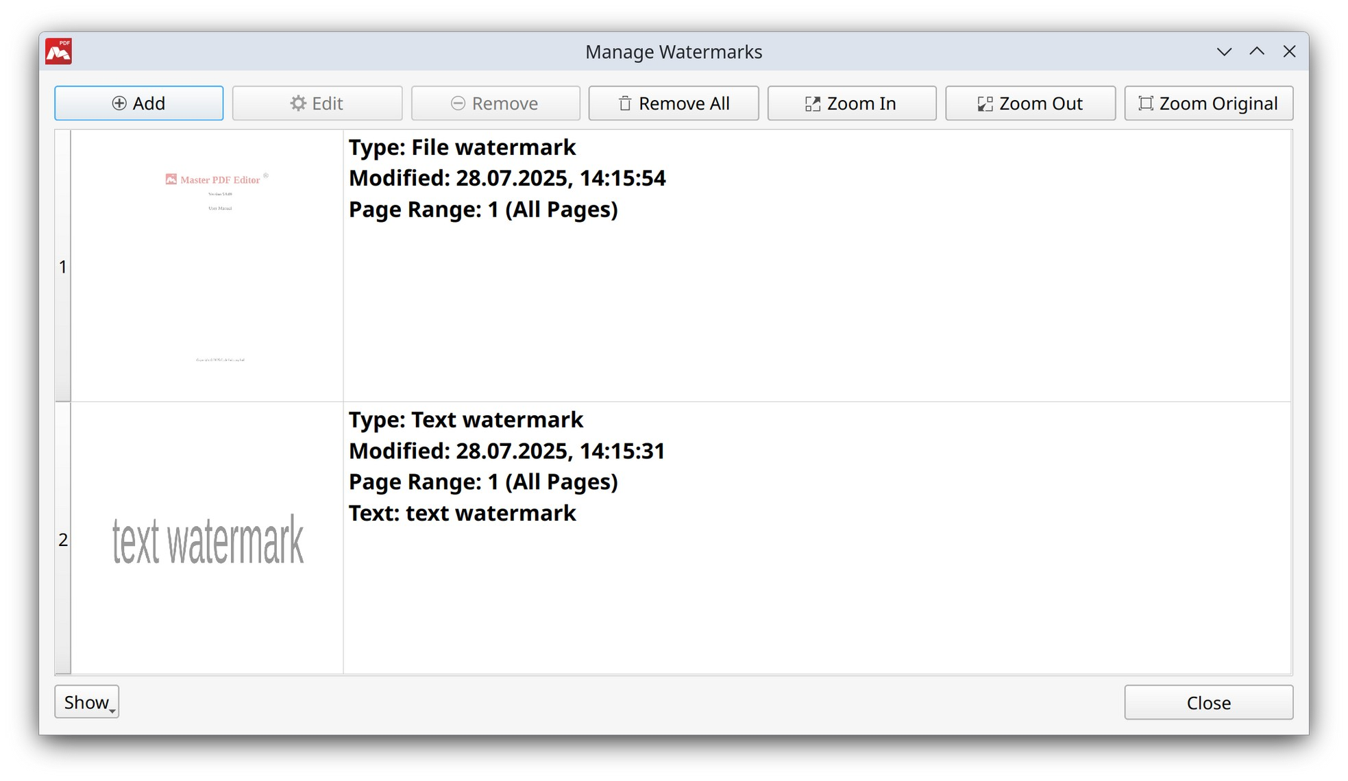 Manage watermarks in Master PDF Editor